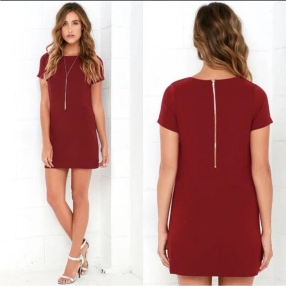 Lulus Wine Burgundy Short Sleeve Shift Mini Dress with Back Zipper Size S